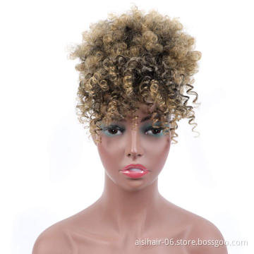 Aisi Beauty New Design Wholesale Mixed Brown Blonde Fluffy Puff Hairpiece Extension With Bangs Curly Afro Kinky Afro Hair Bun